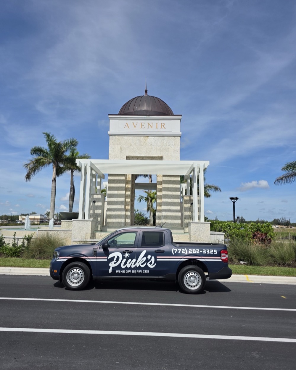 Pink's Window Services pickup at the Avenir entrance in Palm Beach Gardens