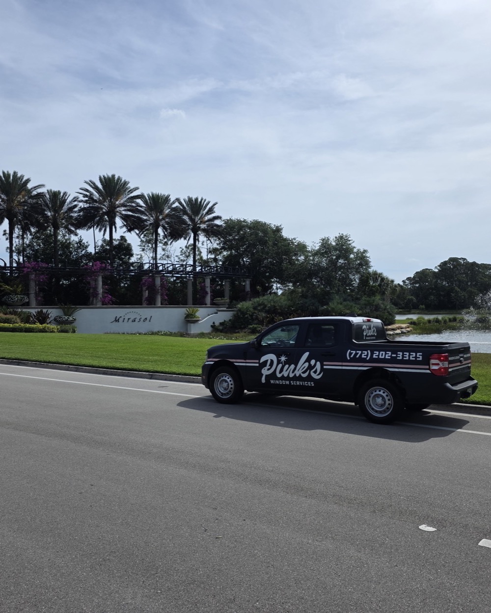 Pink's Window Services pickup at the Mirasol entrance in Palm Beach Gardens